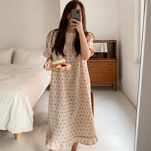 Summer Nightgown Women O-Neck Short Sleeve Vintage Homewear Loose Korean Long Sleepwear Kawaii Floral Print Home Clothes