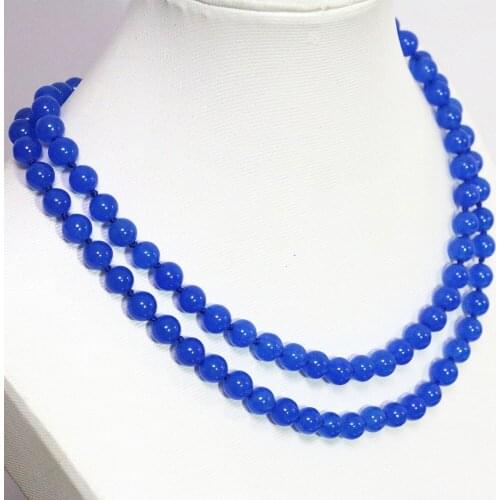 Fashion semi-precious stone blue jades chalcedony long chain necklace 8,10,12mm round beads high grade jewelry 36inch B1485