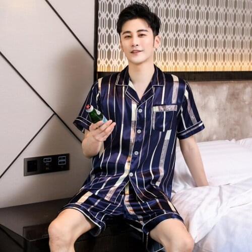 Male Luxury Soft Nightwear Sleep Two Piece Set Summer Pajamas Sets Men Chinese Silk Satin Sleepwear Home Clothes