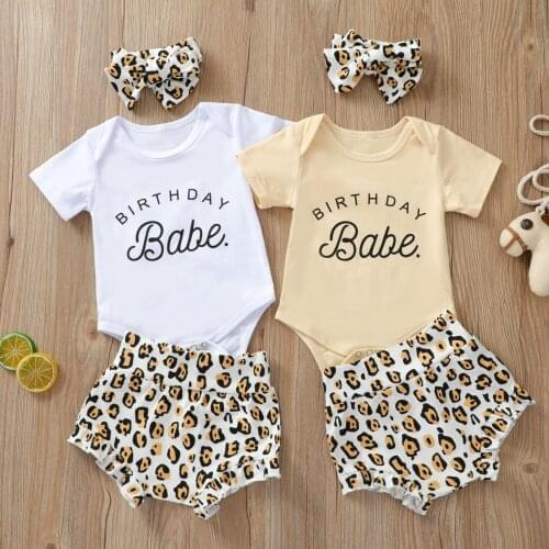 New Three Piece Baby Girl’s Clothes Fresh Letter Short Sleeve Romper and Leopard Short Pants with Headband