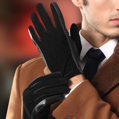 Black Mans Real Leather Gloves Autumn Winter Plus Velvet Thicken Warm Driving Suede Sheepskin Gloves Male TE9003