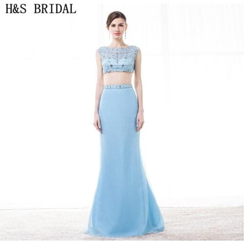 H&S BRIDAL Crystal Beaded two pieces prom dresses Sheer Neck Sexy Backless Evening Dress Long Party Dress Custom Made Prom Gown