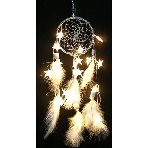 Handmade Girls Star LED Light Decorative Dream Catcher Wall Hanging Dreamcatcher Feather Crafts Kids Stuff Wall Room Home Decor
