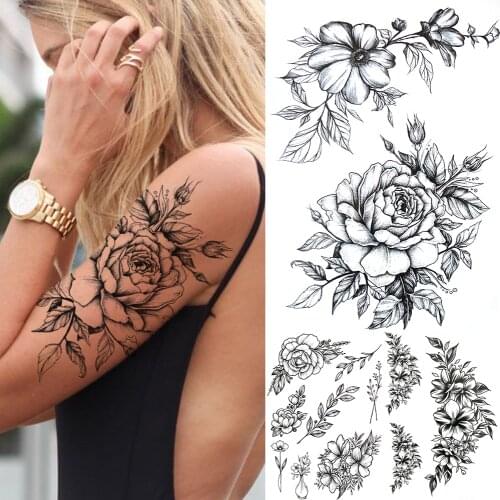Large Flower Temporary Tattoos For Women Girls Fake Peony Anemone Dahlia Rose Tattoo Sticker Black Blossom Water Transfer Tatoos