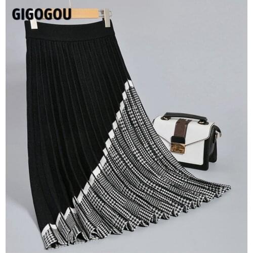 GIGOGOU Luxury Houndstooth Long Knit Women Pleated Skirt Autumn Winter Thick Warm A Line Skirt Chic Knitted Sweater Skirt Femme