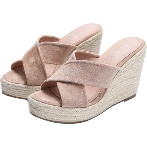 2021 top sell Wedge sandal womens summer shoes natural jute woven platform high heel sexy slippers heighten shoes casual style