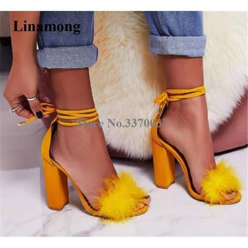 Women Elegant Fashion Suede Leather Open Toe Fur Chunky Heel Sandals Yellow Red Lace-up Thick High Heel Sandals Dress Heels Shoe