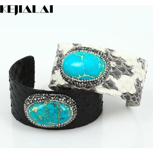 Stone Bangle Punk Jewelry for Women Python Leather Bangle Natural Blue Sea Sediment Imperial Pave With Rhinestone Gift