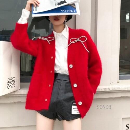 Mohair Red Cardigan Long Women Fashion Loose Long Sweater Coat 2021 New Warm Lazy Oaf V Neck Bows Knit Cardigan Jacket