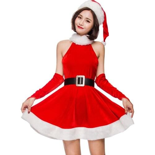 Women Sexy Red Sleeveless Christmas Santa Claus Costume Christmas Party Dress Suit
