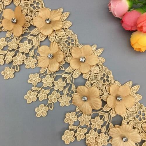 1 Yard Gold 9cm Pearl 3D Flower Tassel Lace Trim Ribbon Fabric Embroidered Applique Sewing Craft Wedding Dress Clothes