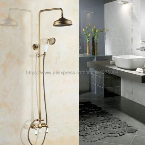 Antique Brass Bathroom Shower Faucet Set Double Handle 8" Rainfall Shower System with Handshower Nan117
