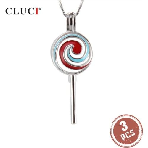 CLUCI 3pcs Colorful Silver 925 Lollipop Shaped Pearl Cage Pendant Women Jewelry 925 Sterling Silver Charms Pearl Locket SC228SB