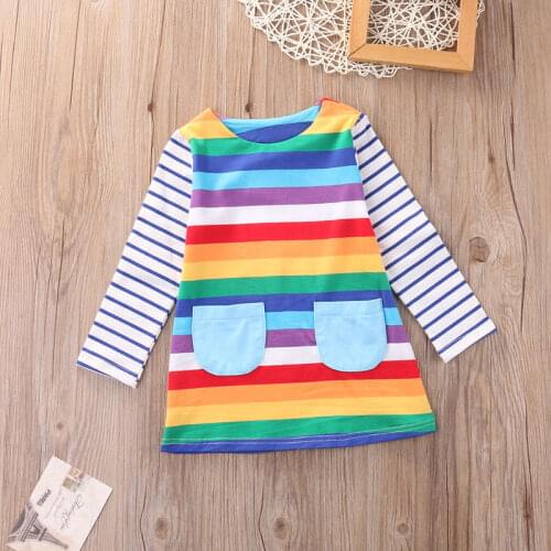 Toddler Infantil Child Baby Kids Girls Dress Stripe Long Sleeve Colorful Tops Shirt Party Rianbow Dress Cute Clothes