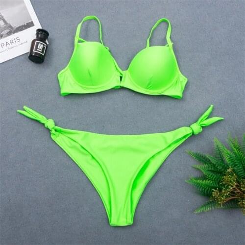 Fluorescent Green Bikini 2020 Swimsuit Women Swimwear Push Up Halter Bikinis Set Bather Bathing Suit Shiny Beach Wear Female XL