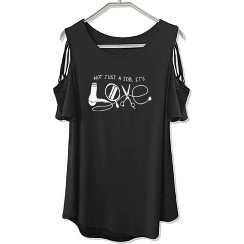 Hairdresser T Shirt High Quality Knitted Sunlight Leisure Women T Shirts Humorous Top Female Tops Off The Shoulder Hollow Tee