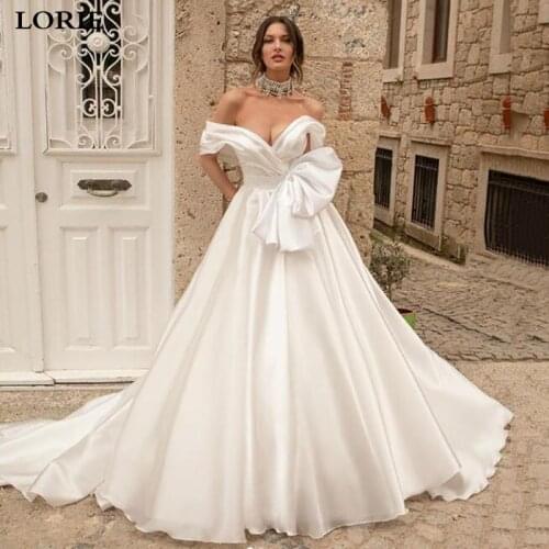 LORIE Princess Satin Wedding Dress Aline Off The Shoulder Bridal Gowns With Big Bows Puff Long Lace Up Back Wedding Party Gowns