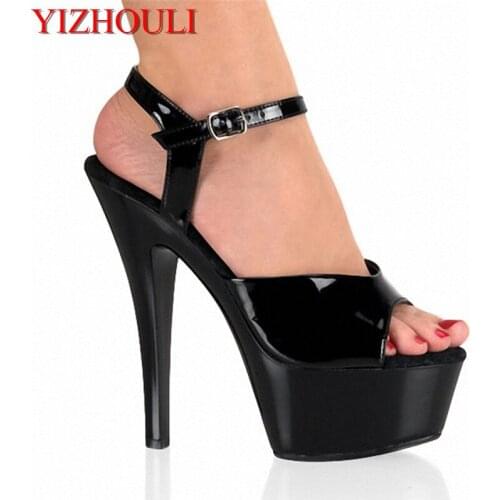 Fashionable bright black 15cm platform sandals with high heels to attract the stage, fish mouth sexy sandals, new models on the