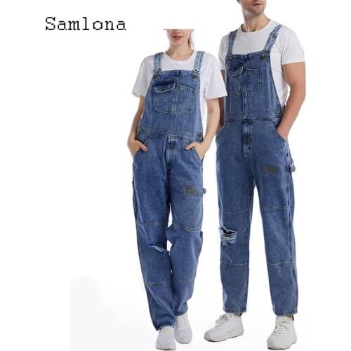 Samlona Plus Size Mens Jeans Casual Denim Overalls Pantalon European and American style 2021 Hole Ripped Strappy Demin Jumpsuit