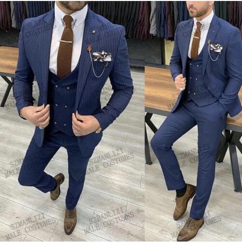 2021 Blue Stripe Blazer Business Men Suits Tuxedo Groom Wear Wedding Costume Homme 3 Piece Prom Party Slim Fit Terno Masculino