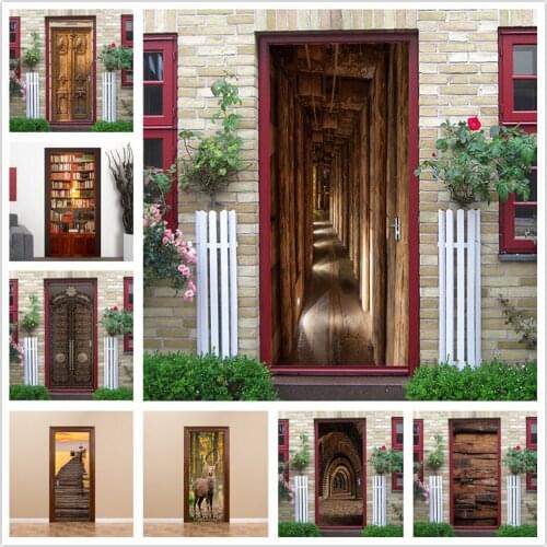 Retro Wood Grain Door Wallpaper Waterproof Removable Poster Home Design Room Decor Wall Sticker Classic Mural Decals deursticker