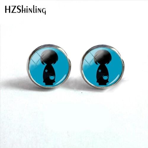 2018 New Kawaii Kokeshi Silhouette Round Earring Japanese Doll Earrings Jewelry Glass Cabochon Ear Studs Stainless Steel