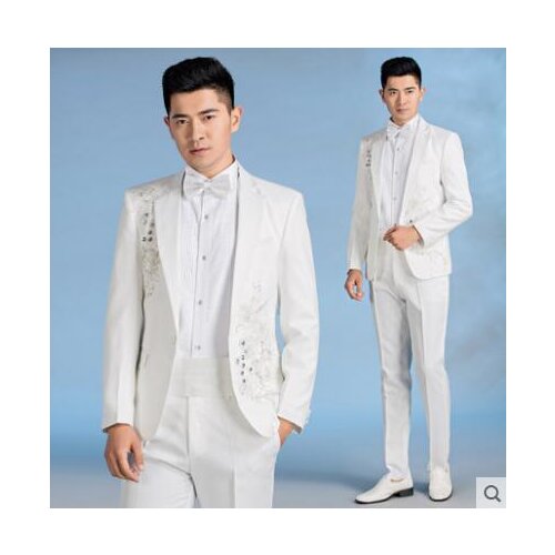 2020 new arrival slim singer stage white men suit set with pants mens wedding suits Sequins formal dress mens groom suit + pant