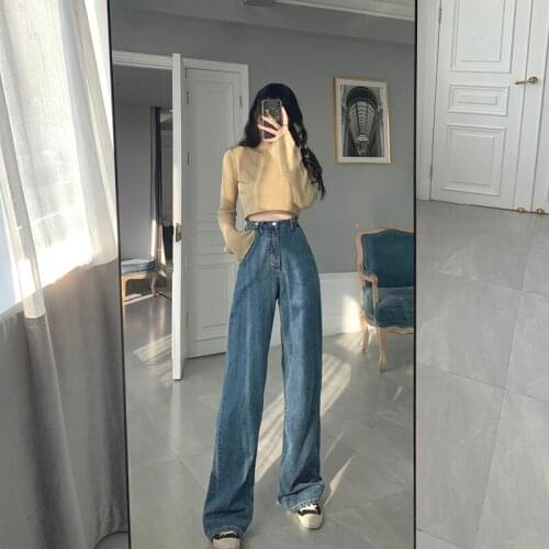 Summer New Jeans Womens Washed Retro High-Waisted Straight Long Loose Wide-Leg Jeans Womens Trousers Streetwear Pants