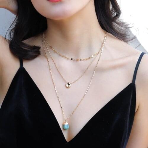 Simple multi-layer necklace resin green natural stone golden bowl bean pendant copper disc handmade chain female