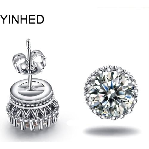 YINHED Pure Solid 925 Sterling Silver Jewelry Earrings for Women/Men Hearts and Arrows Cubic Zirconia CZ Stud Earrings ZE054