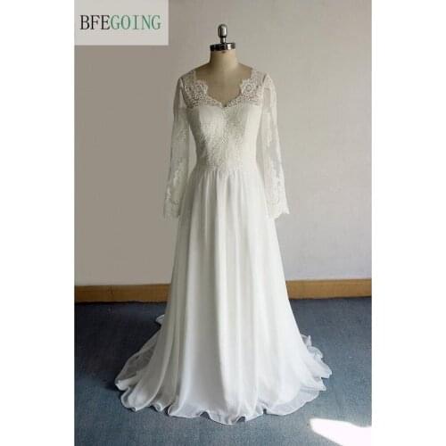Ivory Chiffon Lace V-Neck Long Sleeves Bridal Gown Floor-Length A-Line Wedding Dress Sweep /Brush Train Custom Made