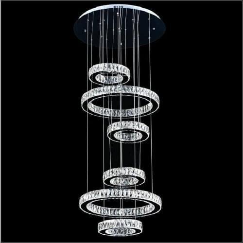 Modern 6 rings staircase LED K9 crystal pendant lighting fixture stainless steel pendant lamps round suspended lights for high