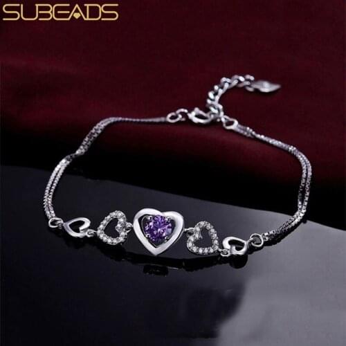 Subeads 925 Sterling Silver Purple Crystal Three Heart Charms Bracelet For Women Box Chain Adjustable Bracelet Fine Jewelry