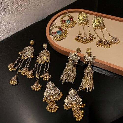 U-Magical Ethnic Gold Beads Geometric Long Tassel Hollow Out Dangle Earring for Women Enamel Metallic Hook Earring Jewellery