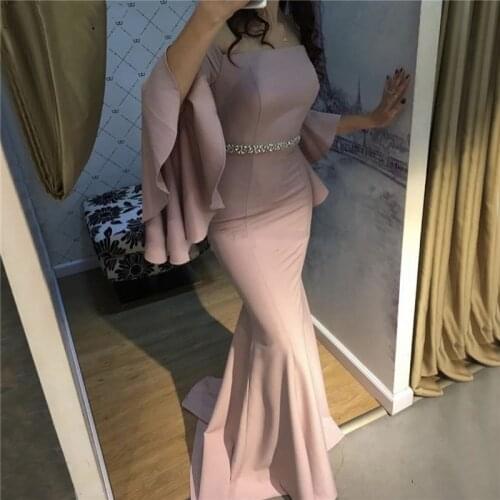 Evening Dresses 2020 Off Shoulder Mermaid Sexy Prom Dresses Beaded Long Trumpet Sleeves Simple Prom Party Formal Gowns 2020