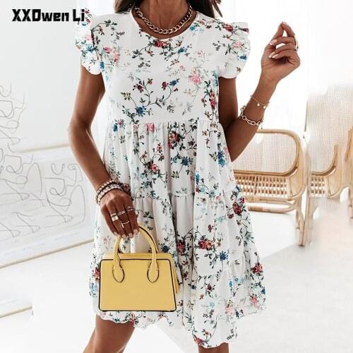 Women fashion Floral Print Ruffles sleeveless Summer Mini dress Woman Casual Beach Vacation Party 2021 Office Lady Robe Femme