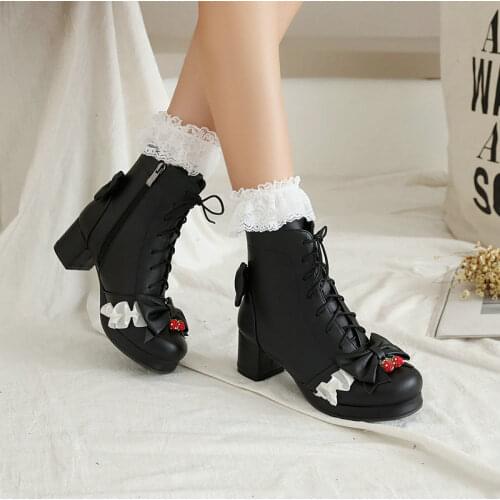 Square Heel Womens Ankle Boots Platform Heel Black Lolita Girl Leather 5cm Heels Shoes for Party Nightclub Model Front Zip