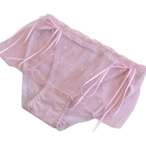 Women Erotic Sheer Mesh Panties Ruffles Lace Shiny Briefs Ribbon Bow Underwear