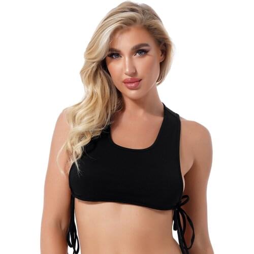Women Solid Color White Top Round Neck Sleeveless Straps Self Tie Sides Closure Racer Back Sexy Crop Tops Vest Exotic Tanks