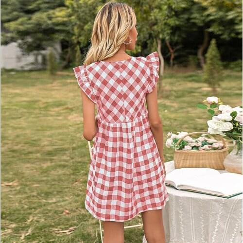 Womens Mini Dress Vintage Plaid Flying Sleeve V-Neck Dresses Woman Fashion Casual A-Line Slim High Waist Dresses Femme Vestidos