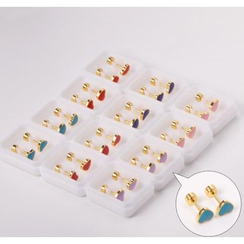 12 Pairs/lot Colorful Sweet Heart Pattern Earrings 316L Stainless Steel Stud Earrings for Women Girl Lovely Jewelry Party Gift