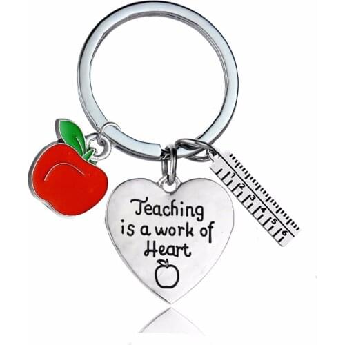 12PC/Lot Teachers Day Gift Apple Ruler Keyring Teaching Is A Work Of Heart Keychain Thank You Teacher Jewelry Key Chains Rings