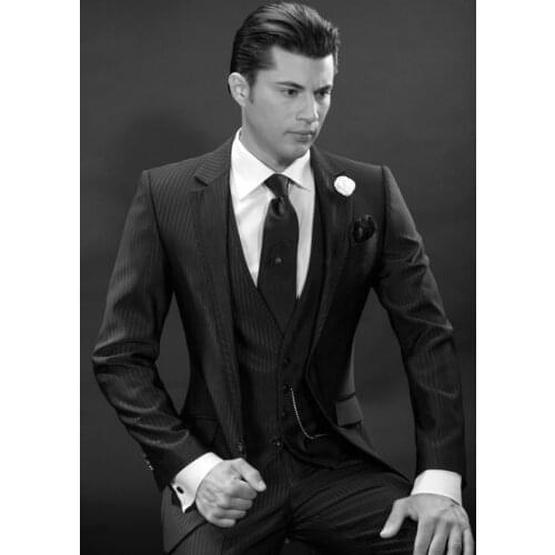 2017 Latest Coat Pant Designs Italian Black Stripes Men Suit Pattern Slim Fit Tuxedo 3 Piece Custom Suits Prom Blazer Masculino