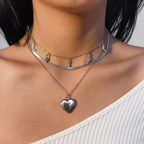 3 Pcs/Set Women Fashion Multilayer Love Heart Crystal Star Moon Necklace for Women Trendy Snake Chain Choker Jewelry Gifts