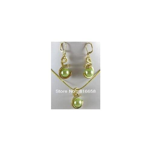 Free shipping@@Beautiful Green shell pearl inlay Necklace earrings