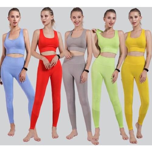 Seamless Solid Fitness Set Women Yoga Running Tracksuit High Waist Tummy Control Gym Leggings Workout Outfits Sportswear