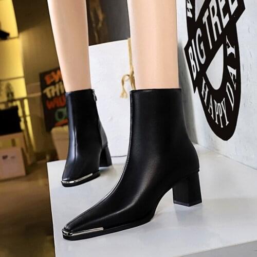 Square Toe Winter Short Boots Womens Boots European and American Nightclub Thin Retro Thick Heel High Heel Metal Decoration 39