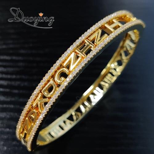 Duoying DIY Slider Charms Bangles Custom Name Bracelets Personalized Roman Number Hollowed Bangle Zirconia Bangles Mom Gift