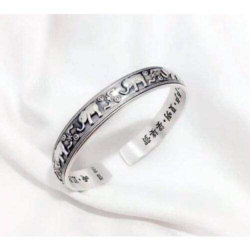 Sole Memory Retro Art Thai Silver Elephant Buddhist Scripture Original 925 Sterling Silver Female Resizable Bangles SBR166