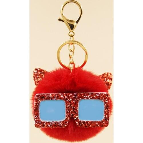 Red Glasses Monster Faux Fur Pom Poms Keychain Key ring